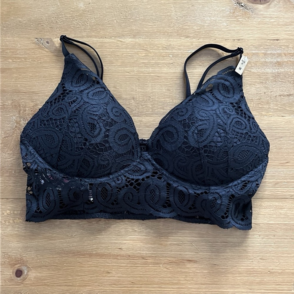 NWT Victoria's Secret PINK Black Lace Push Up Bralette Longline Bra Medium